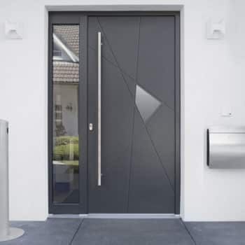 porte d'entrée aluminium gris avec détails et vitre sur le côté