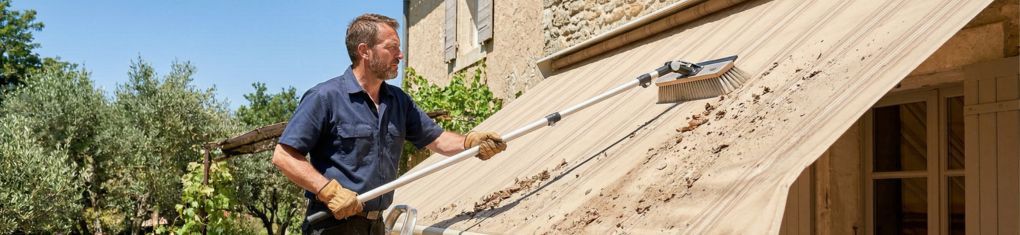 Dépoussiérage de la toile d'un store banne avec une brosse douce